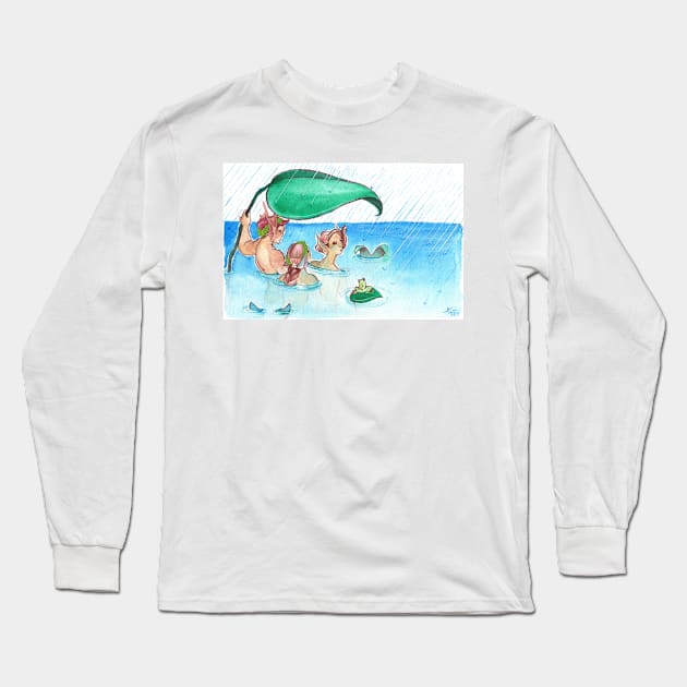 MerMay Rainy Day Merfolk Umbrella and Frog Watercolor Long Sleeve T-Shirt by SimplyKitt